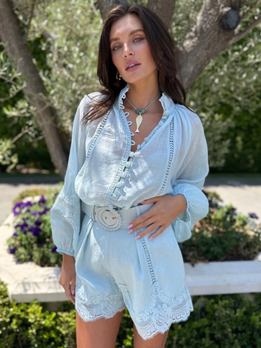 Benaar Lorna Linen and Lace Button Down Top & Shorts Set